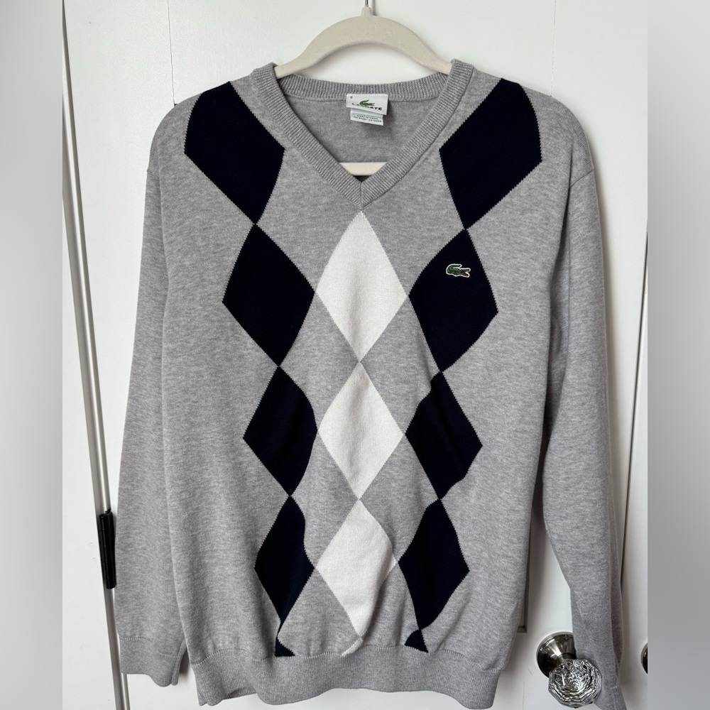 Lacoste Men's Gray and Navy Argyle Sweater size 6